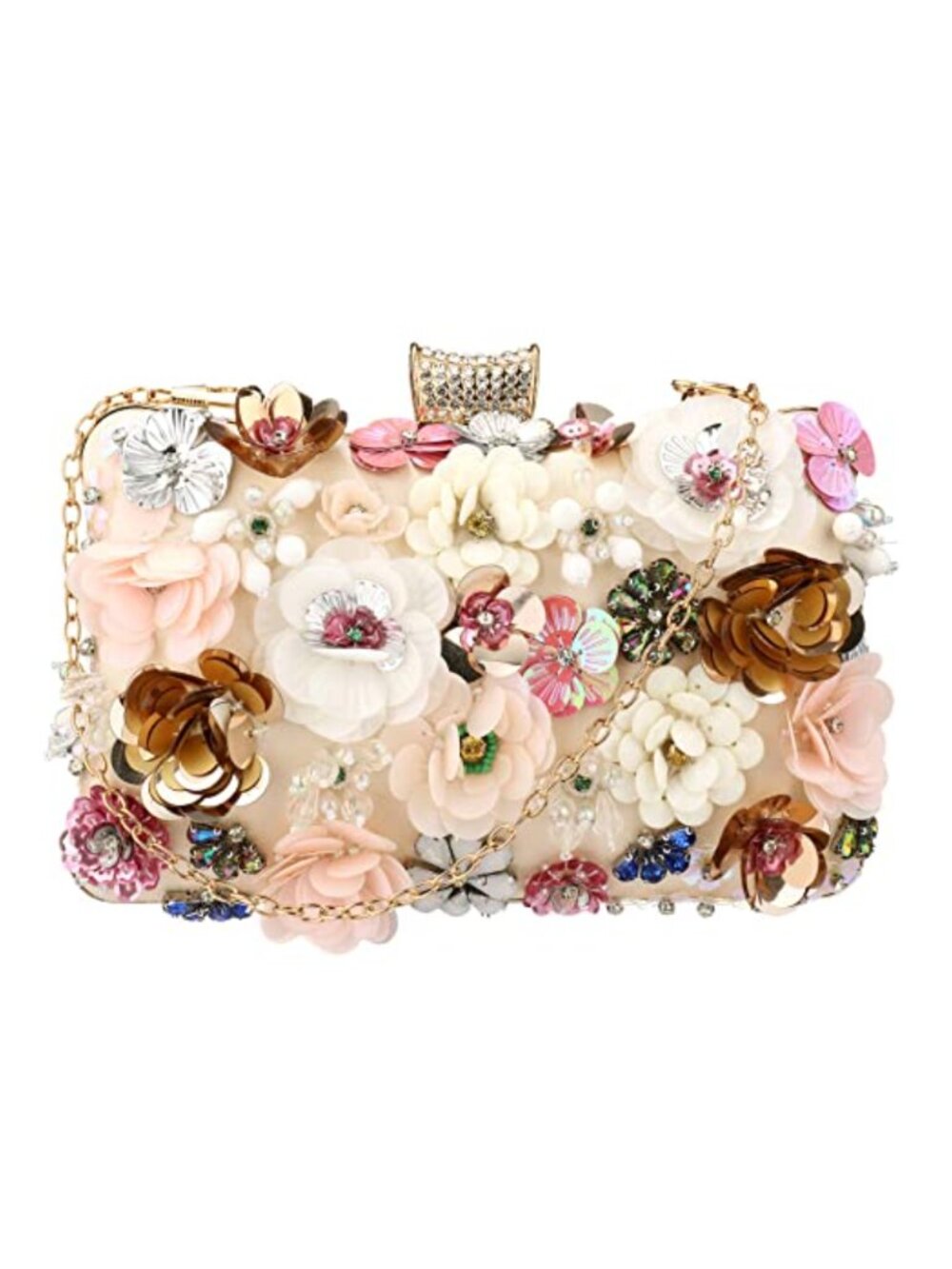 Floral Evening Clutch with Rhinestones and Chain, Satin Clutch